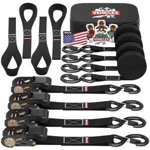 Ratchet Tie-Down Straps Set - (1" x 15', 2200lbs Breaking Strength) - Vehiclex Soft Loops, Coated S-Hooks, Storage Bag for ATV, Motorcycle, Bicycle, Kayak, Cargo Securing, Black