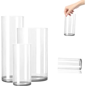 3 Large Acrylic Clear Cylinder Vase Set, Unbreakable Plastic Hurricane VasesDifferent Size Vases for Living Room, Desk, Wedding Centerpieces Flower Bouquet Dcor