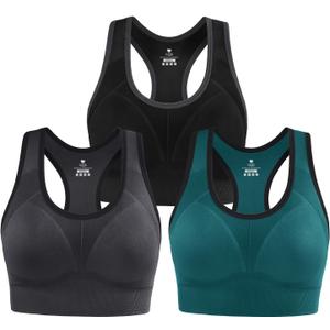 IUGA Sports Bras for Women High Impact Racerback Sports Bra Seamless Padded Sports Bra Yoga Bras Workout Bra Activewear Bra (Large, 3 Packs-black+dark Gray+green)