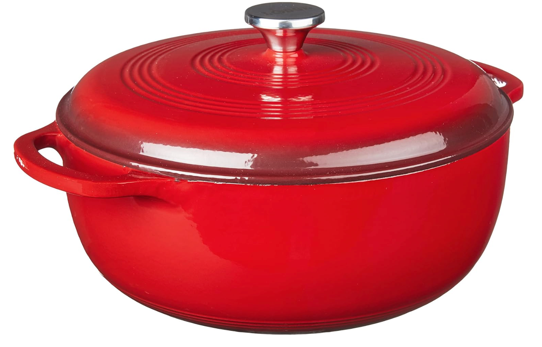 Lodge 7.5 Quart Enameled Cast Iron Dutch Oven with Lid – Dual Handles – Oven Safe up to 500° F or on Stovetop  Use to Marinate, Cook, Bake, Refrigerate and Serve – Island Spice Red