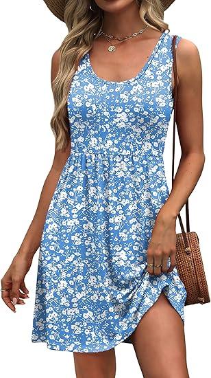 WIHOLL Women's Summer Dress 2025 A-Line Sleeveless Casual Sundress with Pockets Floral/Solid (Medium)