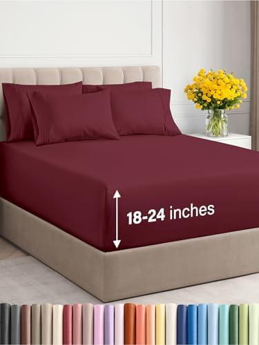 Extra Deep Full Sheet Set - 6 Piece Breathable & Cooling Sheets - Hotel Luxury Bedding Set w/18-24 Inch Extra Deep Pockets - Easy & Secure Fit - Super Soft, Wrinkle Free & Comfy - Burgundy, Full Size