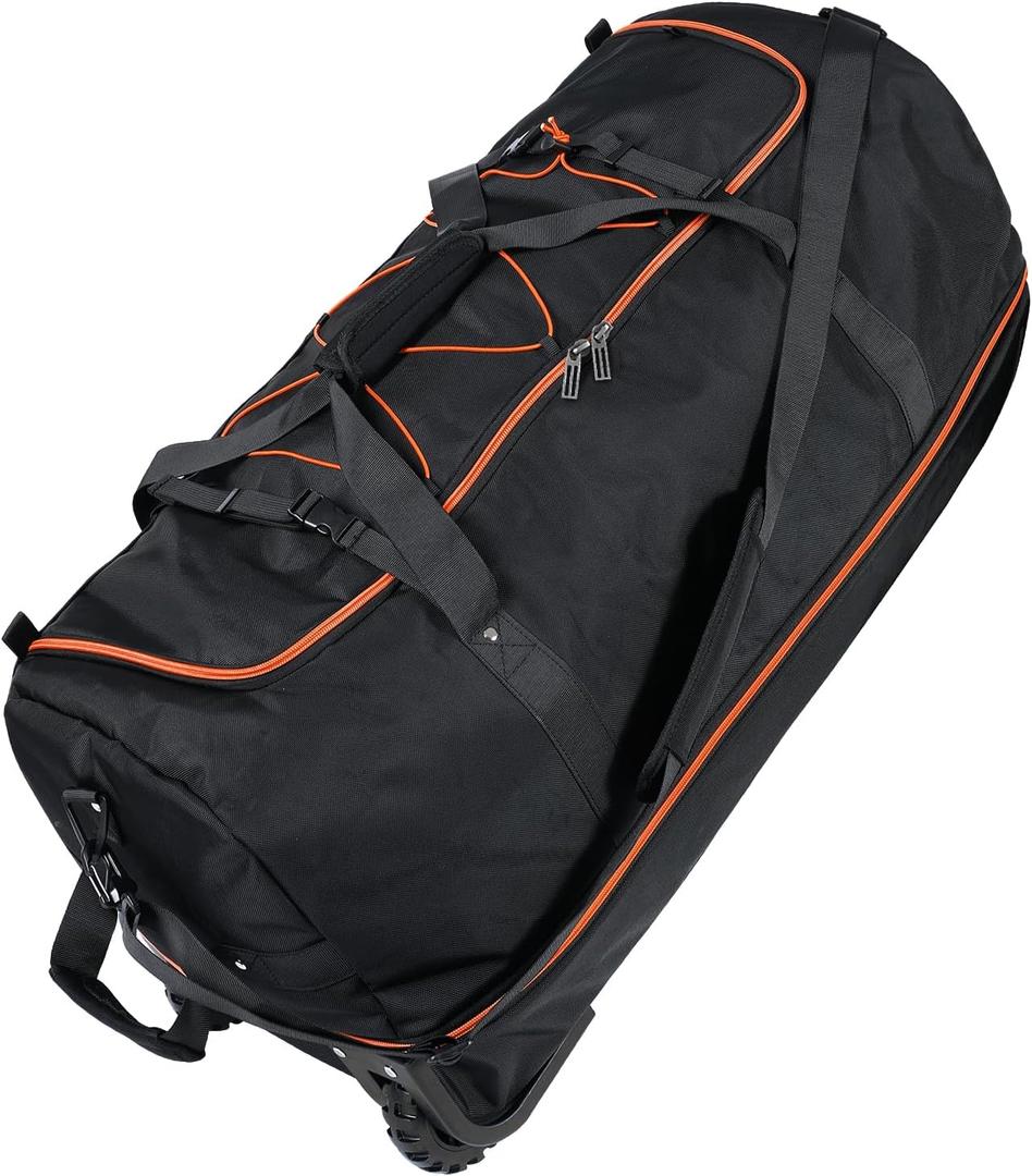 110L Expandable to 140L 32 Foldable Oxford Soft-Sided Rolling Duffle Bag with 2 Heavy-Duty Wheels,3 Large Compartments,Adjustable Shoulder Strap and Attached Organizer Pouch,Black Orange