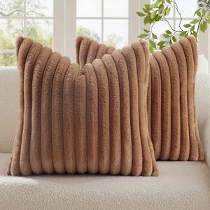 decorUhome Summer Cozy Faux Fur Throw Pillow Covers 16x16 Set of 2 Decorative Soft Plush Striped Modern Farmhouse Boho Couch Pillow Cases with Velvet Back for Sofa Bed Living Room, Brown