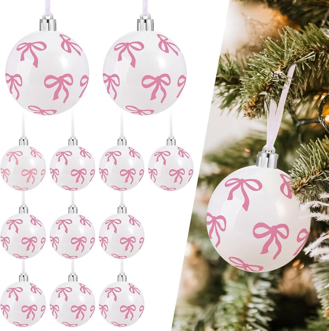 Janinka 12 Pcs Pink Bow Christmas Ball Ornaments for Tree 2.36 Inch Coquette Bow Hanging Decor Pink Plastic Ball Christmas Tree Pendants with Rope for Xmas Holiday Home Party Decoration