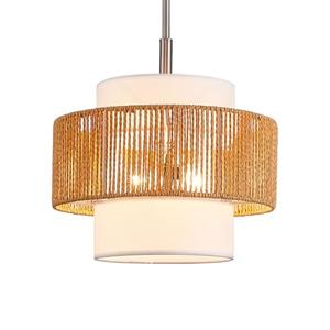 TELAFLY Rattan Drum Chandeliers Light Fixtures,Farmhouse 2 Light Boho Pendant Light Rustic Hand Woven Lighting for Dining Room Kitchen Island Living Room Bedroom,Brushed Nickel Finish Metal 12.5''