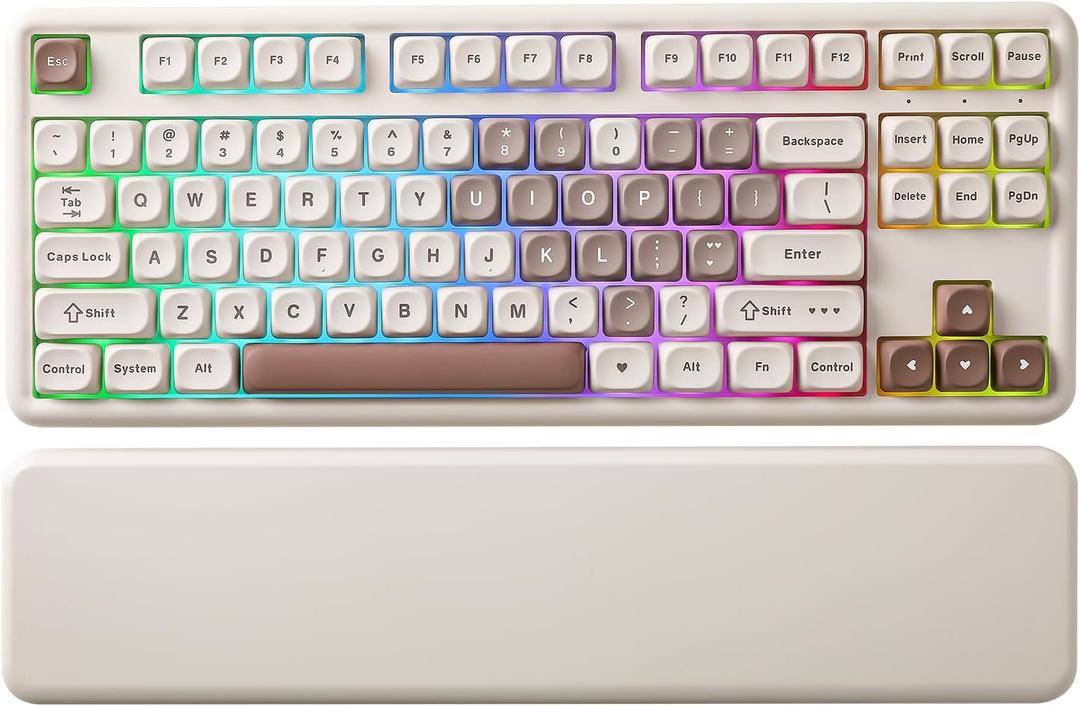 YUNZII B87 Wireless Mechanical Keyboard,QMK/VIA Programmable,TKL Layout 87 Keys,BT/2.4G/USB-C,Hot Swap Gasket Mount RGB Backlit Gaming with Wrist Rest for Win/Mac (Brown Heart, Cocoa Cream V2)