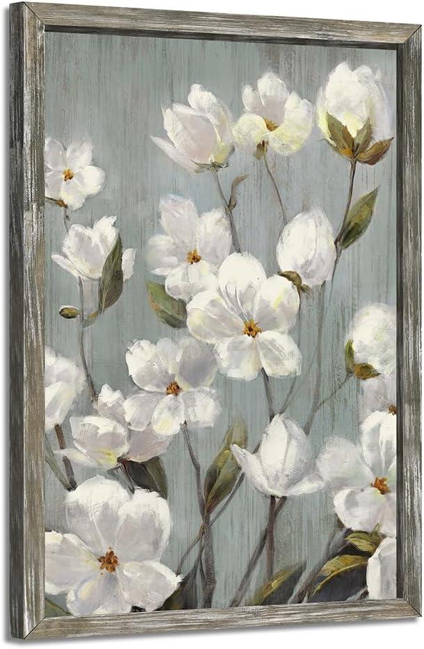 Rustic Flower Wooden Wall Art: Vintage White Floral Framed Oil Painting Abstract Botanical Picture Modern Blossom Prints Artwork for Living Room Bedroom Farmhouse, 16"L x 24"W