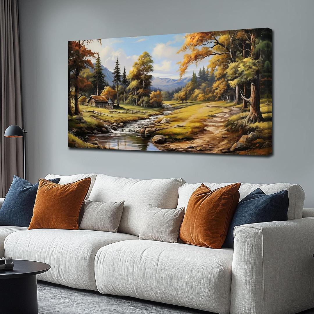 Natural Landscape Wall Art for Farmhouse Green Wall Pictures for Living Room,Vintage Wall Art Decor 24 x 48 Inch (Yellow)
