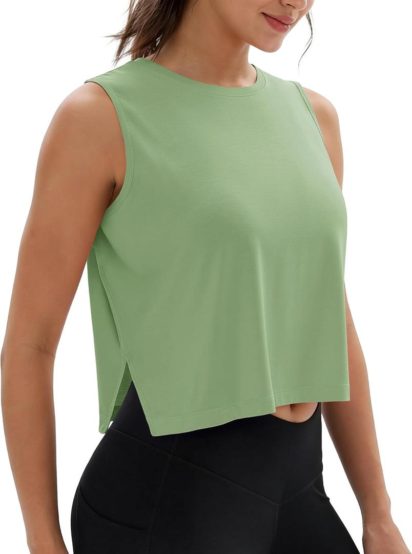MAGCOMSEN Tank Tops for Women Crop Workout Sleeveless Tank Loose Fit Gym Yoga Muscle Top with Side Slits (Green, L)