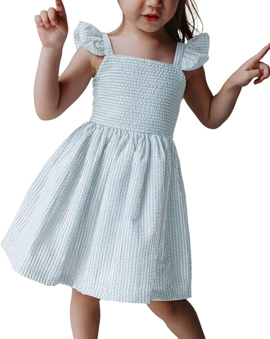 Saodimallsu Girls Summer Dress Spaghetti Strap cami Beach Sundress Spring Outfits for Kids Striped Dress Ruffle Sleeve (5-6 Years, Lake Green)
