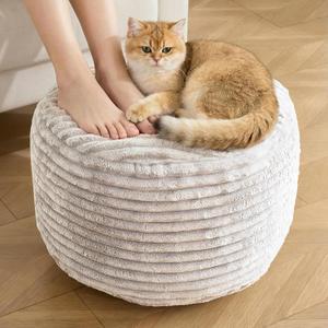 Round Pouf Ottoman,Corduroy Poufs with Memory Foam Filling for Foot Rest,Soft Footstool for Living Room,Office,20"x 15",Beige