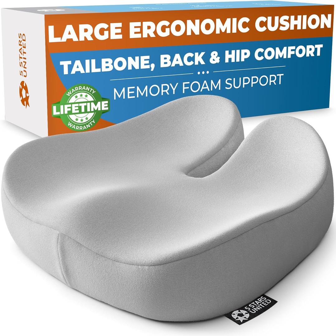 5 STARS UNITED Seat Cushion - Memory Foam Chair Cushion for Tailbone Pain Relief - Ergonomic Support for Coccyx, Sciatica & Butt - Office, Desk & Gaming Chair, Car Seat, Wheelchair, Light Gray Suede (XX-Large)