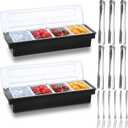 2 Ice Cooled Garnish Tray Deck Bar Garnish Caddy Condiment Containers with Lids and Removable Chilled Condiment Server with 6 Tongs and 6 Fruit Forks (4 Compartments)