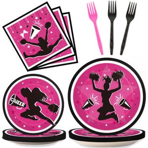 OBUSATT 96Pcs Cheerleader Party Supplies Cheerleading Paper Plates Napkins Gymnastics Party Decorations Girls' Birthday Dinnerware Party Favor Tableware Serves 24