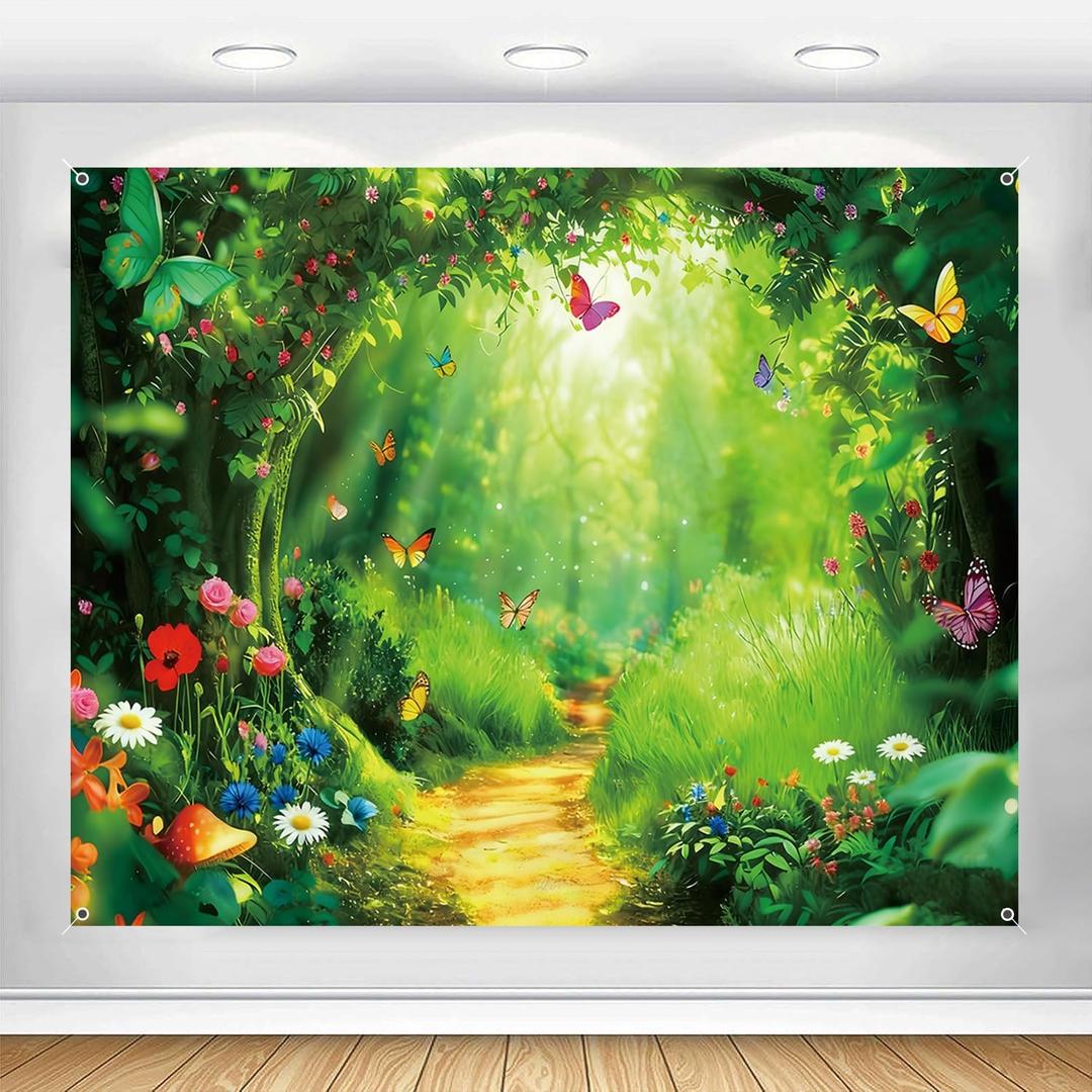Enchanted Forest Backdrop Banner Fairy Tale Spring Garden Magic Wonderland Mushroom Butterfly Green Woodland Background Kids Girl Tea Party Decorations Photo Booth Props Fabric 10x8ft