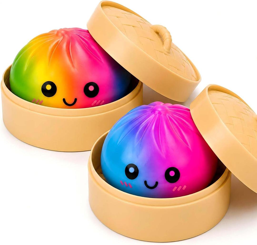 2Pcs Mystery Colorful Dumpling Squishies with Steamer Box, Soft Stretchy Bao Bun Stress Relief Balls, Sensory Fidget Squeeze Toys for Anxiety Relief, Decompression Desk Toys