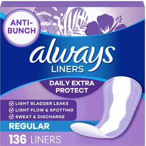 Always Panty Liners for Women Anti-Bunch Xtra Protection Daily Liners, Regular, Unscented, 136 Count