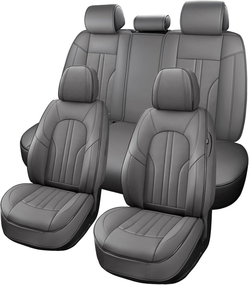 MINGBRON Car Seat Covers Full Set, 5 Seats Comfortable Faux Leather Seat Covers for Cars, Waterproof Automotive Seat Covers, Luxury Universal Fit Seat Covers for SUV, Sedans, Pick-up Trucks (Gray)