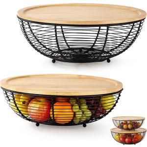 2 Set Stackable Fruit Basket with Bamboo Lid 11.5 &10.5 Inch Black Metal Wire Large Fruit Bowl for Kitchen Counter Pantry Organizer and Storage for Veggie, Snacks