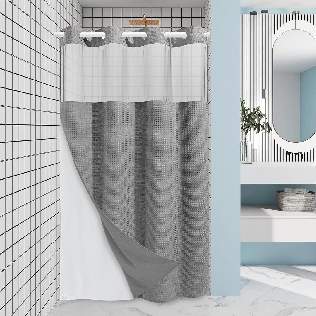 EUTXL Stall No Hook Shower Curtain with Snap in Liner,230GSM Waffle Weave Shower Curtains for Bathroom,60W x 74H,Grey