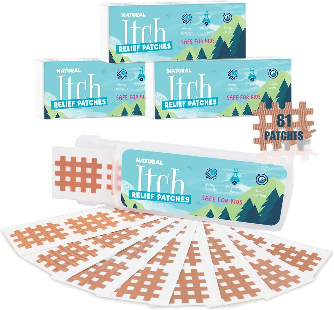 3 x Bite Itch Relief Patches 81 pcs for Kids & Adults, Instantly Reduce Swelling Itching, All-Natural Anti Itch Patches Kid-Friendly for Travel, Hiking, Summer Camp Essentials (Family Pack) (Khaki)