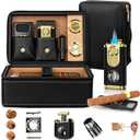 Travel Cigar Humidor Set, 2-Layer Design & CedarWood Lined, with Cigar Lighter Built-in V Cutter&Holder, Cigar Cutter, Draw Enhancer, Hygrometer, Humidifier, Portable Leather Cigar Case, Gifts for Men (Black Gold)