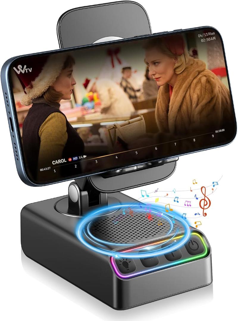 Hupoaf Adjustable Cell Phone Stand with Wireless Induction Bluetooth Speaker, Compatible with iPhone/iPad/Samsung Galaxy