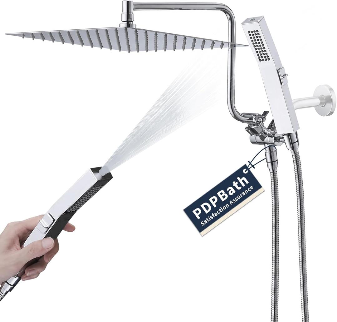 PDPBath All Metal Rainfall Shower Head with Handheld, 12'' High Pressure Rain Shower Head with Adjustable Extension Arm Z-shaped, 79" Extra Long Hose, 3-Way Diverter, Chrome 