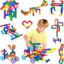 Learning Pipe Tube Toys, Tube Locks Construction Building Blocks 200 Pcs - Multicolor Educational Building Blocks Set with Wheels& Spouts & Joints for Kids Ages 3+