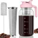 Cold Brew Coffee Maker Jar - 64oz Thick Glass Multipurpose Mason Pitcher Spout Lid with Handle & Stainless Steel Filter for Iced Coffee, Lemonade, Ice Tea, Homemade Fruit Drinks Container (Pink)