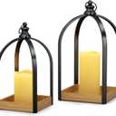 Decor Modern Farmhouse Lantern Decor Set of 2, Black Metal Candle Lanterns, Wooden Lanterns Decorative w/Timer & Remote-Controlled Flickering Candles for Home, Indoor, Table, Fireplace Mantle Dcor