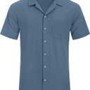 Alimens & Gentle Mens Linen Shirts Cotton Hawaiian Shirts Short Sleeve Button Down Shirts Casual Summer Beach Tops (Blue, XL)