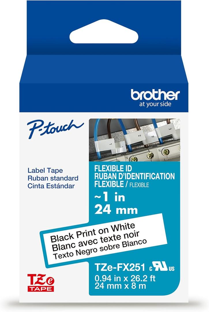 Brother Genuine P-Touch TZe, Black Print on White, Flexible ID Laminated Label Tapes (TZeFX251), ~1in x 26.2ft (24mm x 8m) for Select P-Touch Label Makers, Durable, for Cable Wrap, Water-Resistant