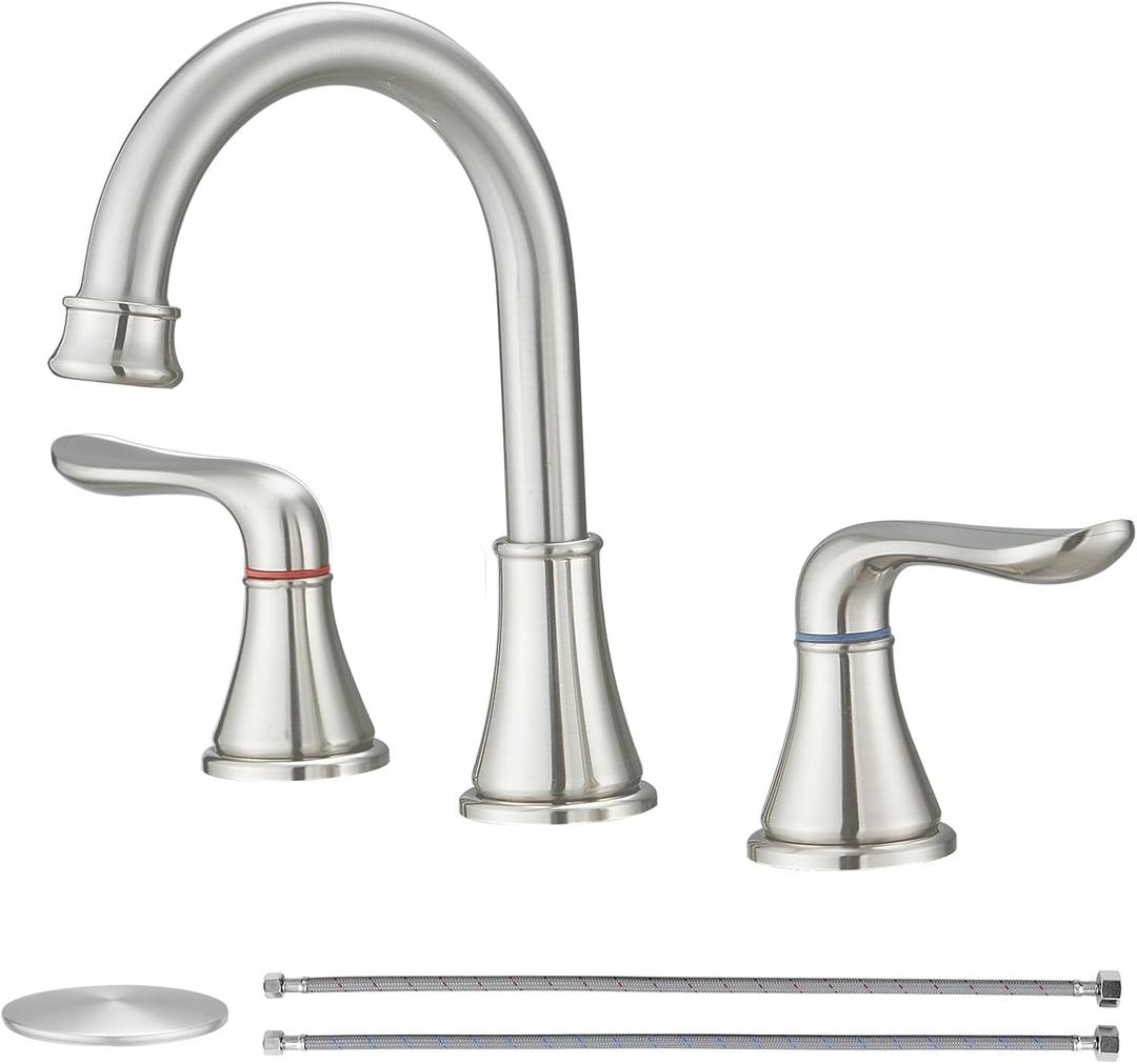 GENBONS Widespread Bathroom Faucets 3 Hole Brushed Nickel 8 Inch Faucet for Bathroom Sink Vanity RV Farmhouse Double Handles 3 Piece Faucets with Pop Up Drain