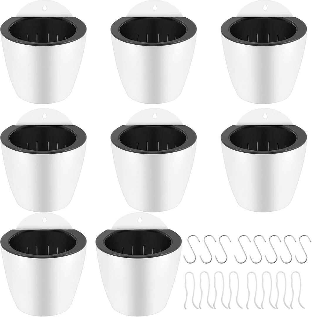 8 Pack 7 Inch Self Watering Wall Mounted Planters, White Plastic Hanging Pots for Indoor Outdoor