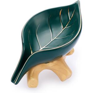 JUXYES Ceramic Soap Dish Holder Self Draining, Unique Waterfall Soap Dish Leaf Shape Decorative Soap Dish Tray Tabletop Drainable Soap Saver Bathtub Waterfall Soap Dish Holder for Bathroom Shower (Green)