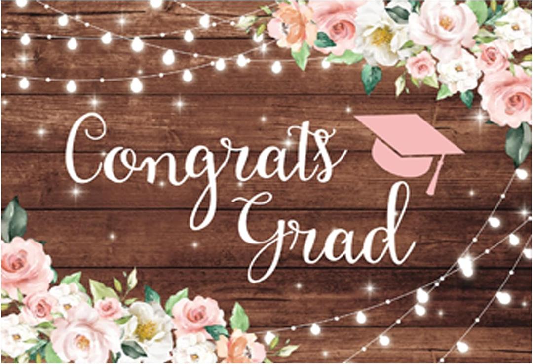 Funnytree 82" x 59" Congrats Grad Backdrop Flower Wood Board Class of 2026 Graduation Background College Prom Party Event Decor Banner Portrait Photobooth Cake Table Selfie Prop Studio Photography, 82 x 59 in
