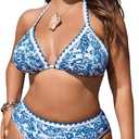 OYOANGLE Women's Plus Size 2 Piece Boho Printed Bikini Swimsuit Triangle Halter Bathing Suit High Waisted Swimwear (XX-Large Plus, Blue and White)