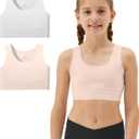 Sascina Girls Soft Training Bras 7-12 Seamless First Bra Girls Sports Bras Longline Crop - No Pads, Chest Double Lined (Small, Nude+light Gray)