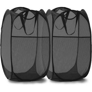 TECHMILLY Collapsible Mesh Pop Up Laundry Hamper with Sturdy Handles and Side Pocket - Portable Foldable Clothes Baskets for Dorm, Bathroom & Travel Storage (Black, 2 Packs)