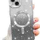 NITITOP Compatible with iPhone 14 Case Cute Clear Glitter [Compatible for MagSafe] Sparkle Bling Magnetic Plating Heart Girl Women Electroplated Frame Camera Protection Back Cover - Silver