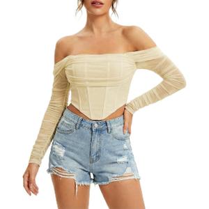 Corset Tops for Women Long Sleeve Off The Shoulder Crop Boned Bustier Trendy Y2K Going Out Tops