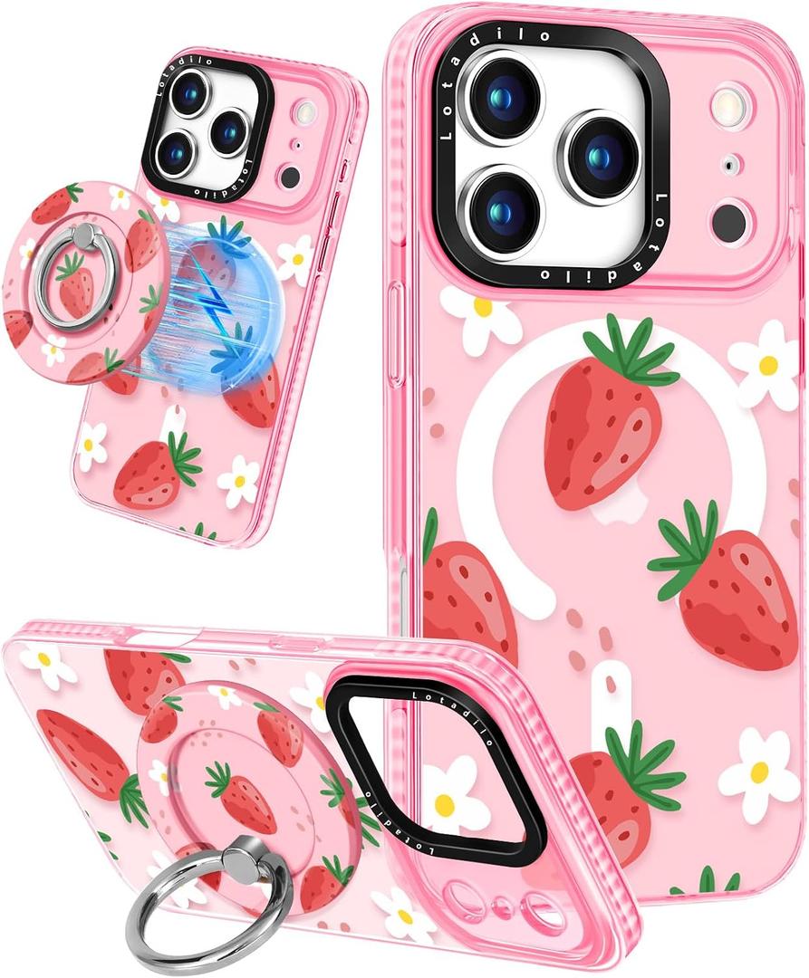 Lotadilo Case for iPhone 17 Pro Max Case Compatible with Magsafe Ring Holder Stand - for Women Strawberry Flower Design TPU Phone Cover for Girls Girly Funny Fashion