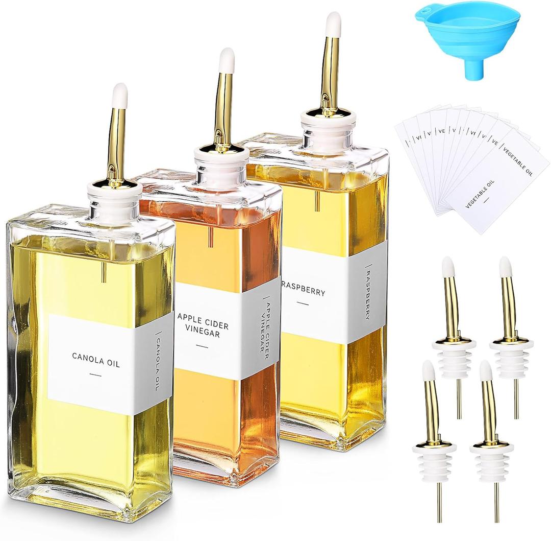 3 Sets Olive Oil Dispenser Bottles for Kitchen with Nozzles Funnel Labels Cooking Oil Dispenser 500ml Set for Kitchen Vinegar Coffee Syrup (Gold)