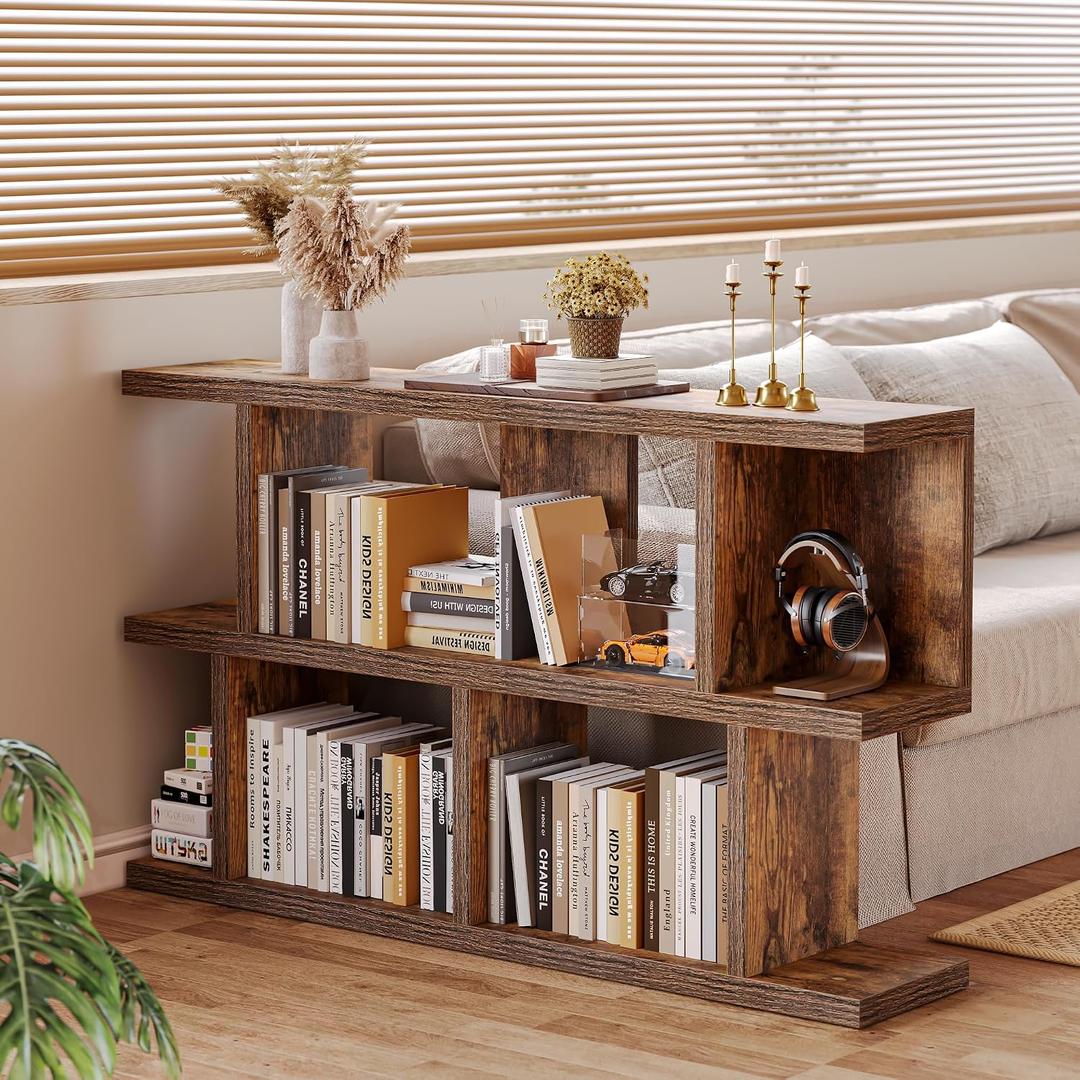 TIQLAB 47" Low Bookcase, Small Bookshelf Horizontal Storage, Rustic Brown