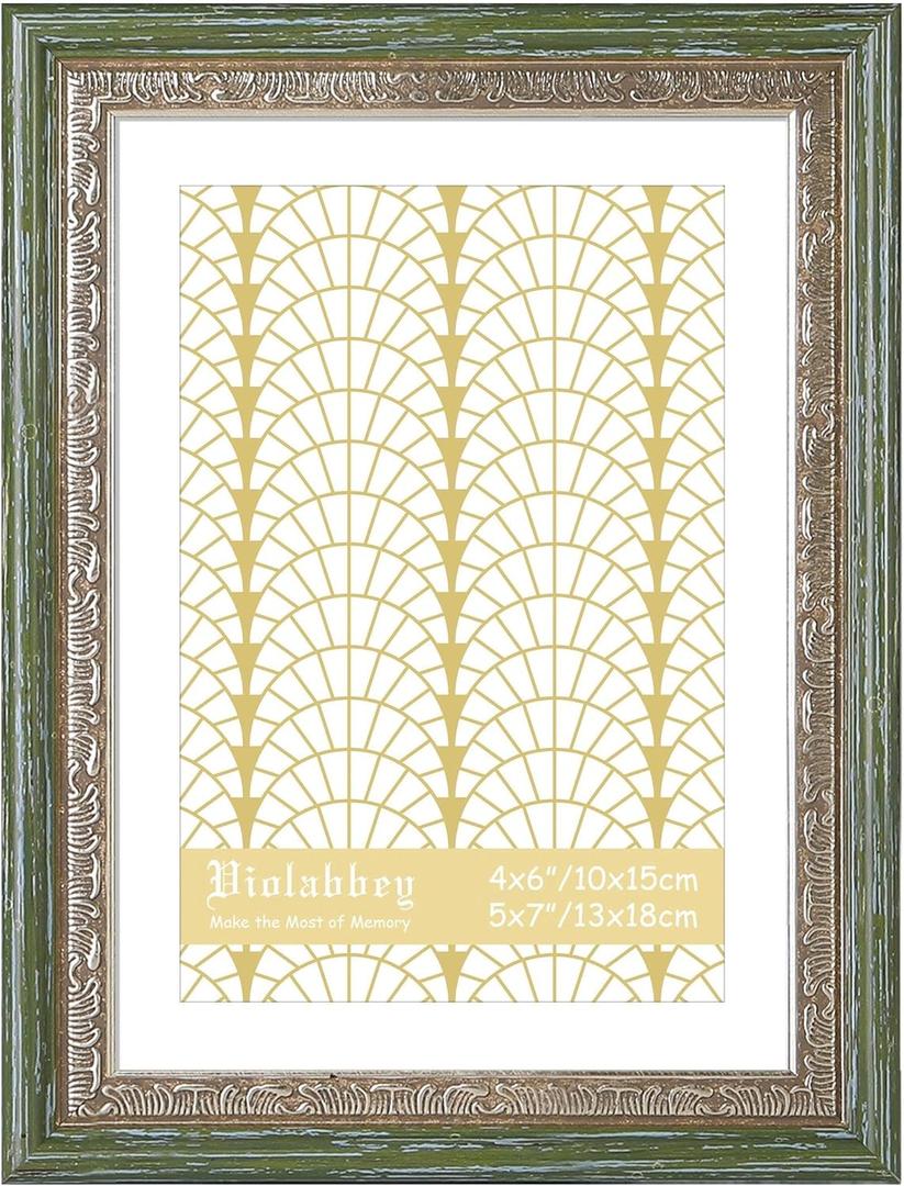 VIOLABBEY 5x7 Picture Frame Green Gold, Display 4x6 Photo with Mat or 5x7 without Mat, Ornate Vintage 5 x 7 Frame for Wall Decor or Tabletop Display, Green Gold