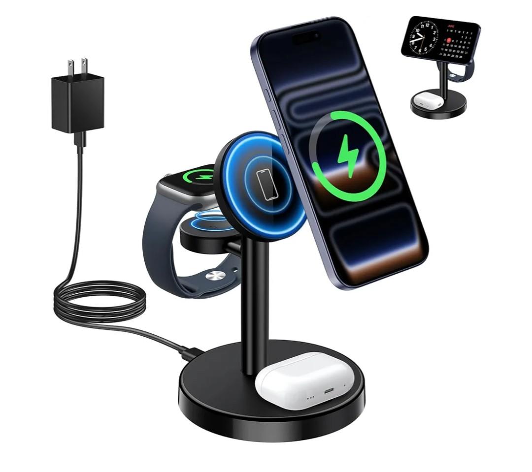 2026 3 in 1 Wireless Charging Station Compatible with MagSafe Charger Stand, 15W Fast Magnetic Mag-Safe Charger for iPhone 17 16 15 14 13 12 Series Apple iWatch AirPods Pro 4 3 2, Black