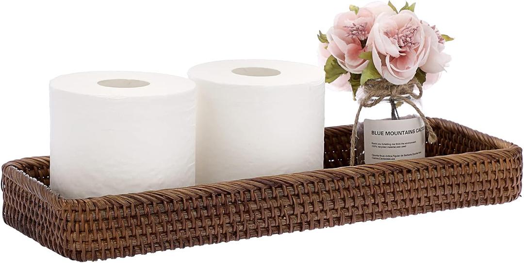 Sumnacon 16 Inch Rattan Bathroom Vanity Tray - Decorative Wicker Toilet Tank Tray for Paper Hand Towel,Vintage Storage Basket Bin for Bathroom Kitchen Toilet Tank Vanity Countertop Table Shelf,Brown