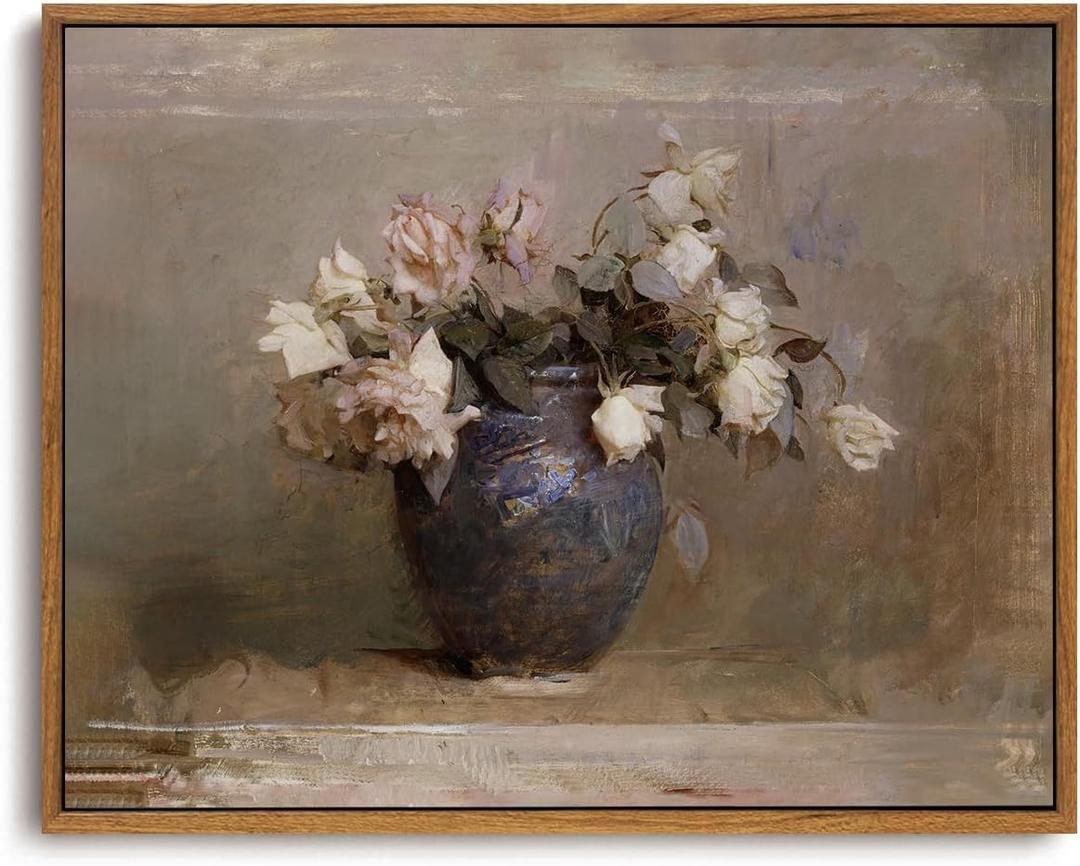 OIQArtOIQ Vintage Landscape Canvas Wall Art Framed Natural Scenery Painting Artwork Prints France Country Wilderness Farmhouse Decor Pictures Kitchen Bedroom Living Room Bathroom (8x10 in, White rose)